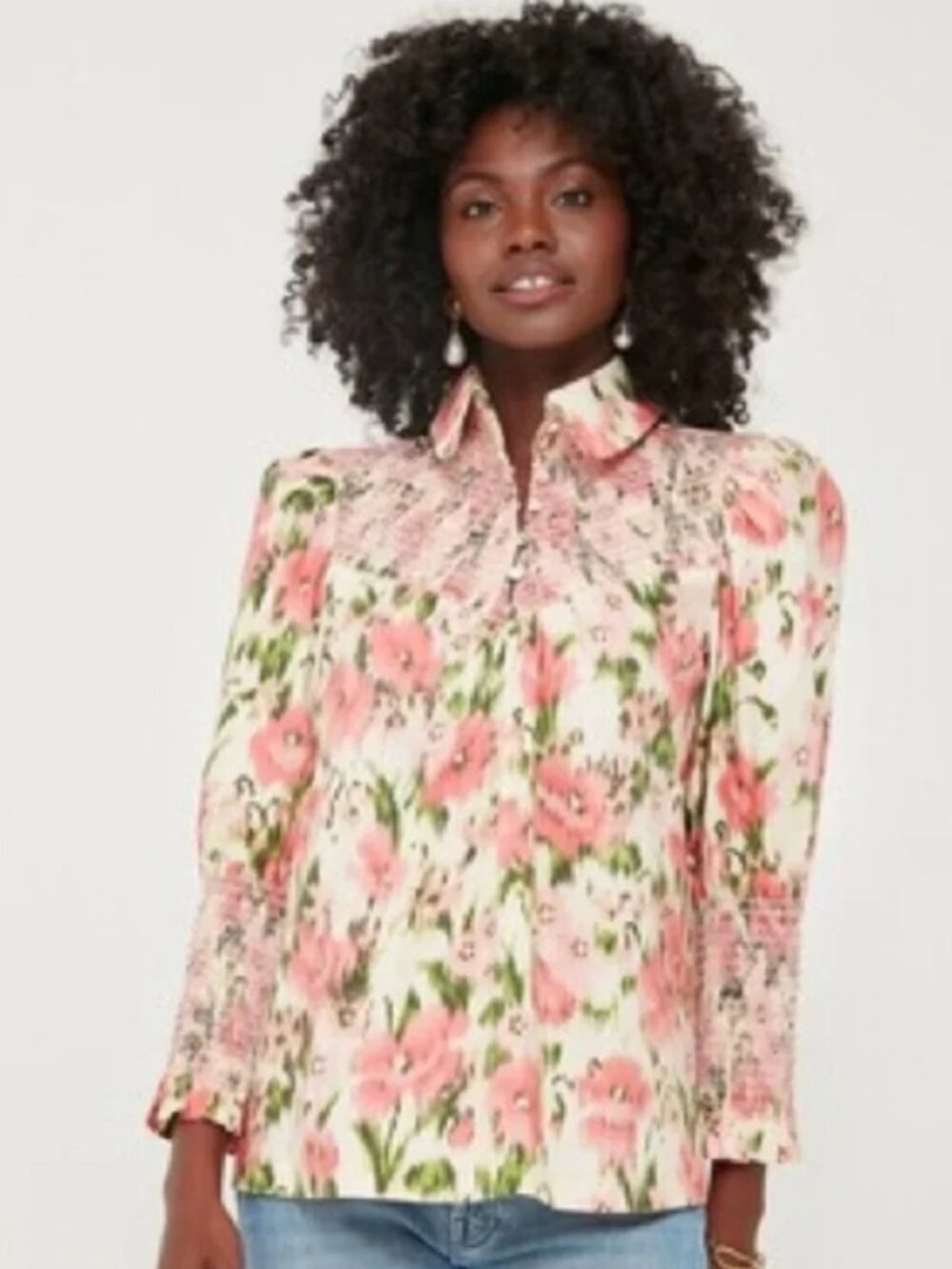 NWOT Tuckernuck Haskell Blouse Pink Green Floral Smocked Cotton S - Picture 2 of 9